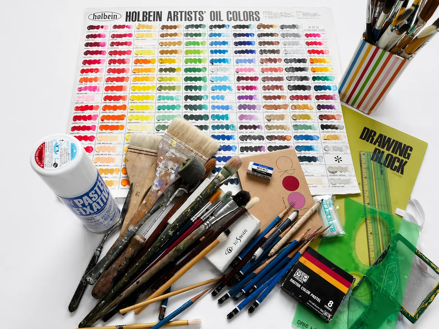 ホルベインの油絵具色見本と絵筆・画用具